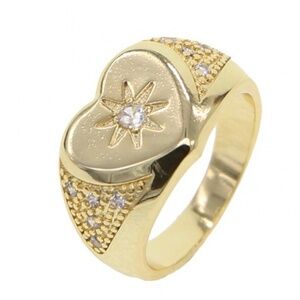 Vintage Design Gold Plated Heart Signet Ring Size 7 Crystal Stones